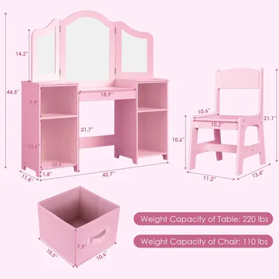 Produktbild von Kinder-Schminktisch - Prinzessinnen-Schminktisch mit Stuhl - Spiegel - 2 Schubladen - Aufbewahrungsschrank - Holz - 113 x 30 x 108 cm - Rosa