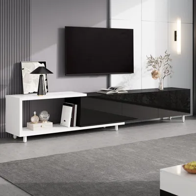 Immagine prodotto di Mobile TV Merax lucido a 3 ante, mobile TV basso estraibile con piedini in metallo, mobile TV moderno in truciolato con vano portaoggetti, nero + bianco