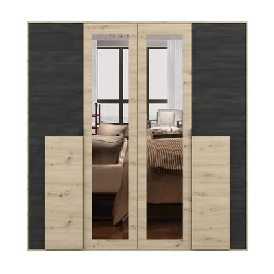 Produktbild von Drehtürenschrank Kleiderschrank 200cm & Kommode 100cm, Artisan Eiche/Schwarz Bafra