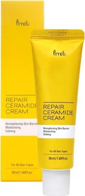 A yellow tube of Prreti Repair Ceramide Cream and its matching box are shown against a white background.