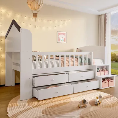 Zdjęcie produktu dla Łóżko półwysokie w kształcie domku, z okienkiem, 4 szufladami, listwą świetlną LED, drabinką, bez materaca, 90 x 200 cm, białe