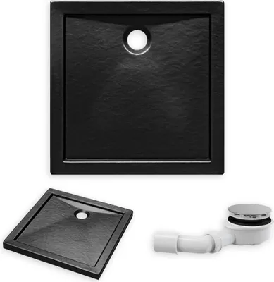 A black square shower tray and a drain fitting are shown against a white background.