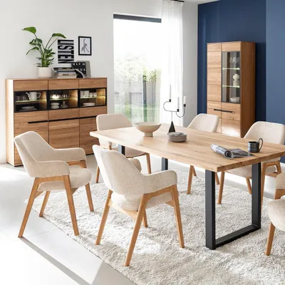 Produktbild von Esszimmer-Set in Eiche teilmassiv mit Esstisch, Highboard, Sideboard & Beleuchtung, 3-teilig - AVESTA-06