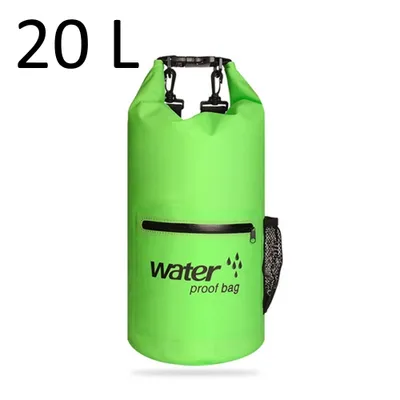 Produktbild von Drybag 20L wasserdichter Seesack, Rucksack in Grün, Rollbeutel mit zusätzlicher Netztasche, Reissverschlusstasche und 2 Tragegurten