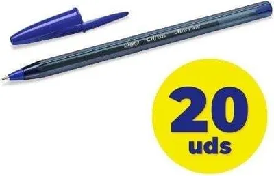 A blue BIC pen with its cap off, next to a yellow circle with the number 20 and the abbreviation 'uds' on it.