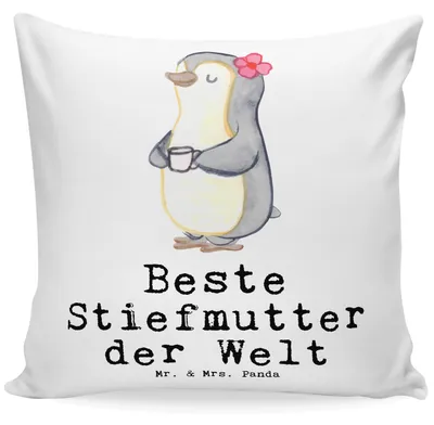 Produktbild von Mr. & Mrs. Panda Kuschel Kissen Pinguin Beste Stiefmutter der Welt - Weiß - Geschenk, Danke, Muttertag, 40x40, Tochter, Bedrucktes, Polster, kuschelkissen, Mutter, Mama