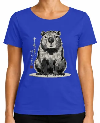 Imagen del producto de Camiseta para mujer con diseño de capibara al estilo japonés sumi-e, con motivos de "wasserschwein" (cerdo de agua), estilo japonés Y2K, color azul, talla S