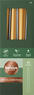 Produktbild von Bolsius Glatte Spitzkerzen - Metallic Gold - Set 4 Stück im Karton - 24,5 cm - Dekorative Haushaltkerzen - Brenndauer 7 Stunden - Unparfümierte - Natürliches Pflanzenwachs - Ohne Palmöl