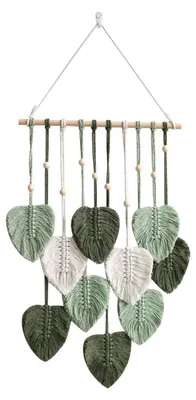 Image de Tenture murale de style bohème en macramé, ornée de perles et de feuilles en bois, décoration murale faite main, pour l'extérieur, le salon, la chambre à coucher, l'intérieur, cadeau - 40 x 80 cm (vert)