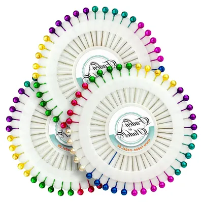 Produktbild von Set mit Stecknadeln: 120 bunte Perlkopfstecknadeln auf praktischem Steckrad