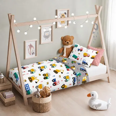 Produktbild von Kinderbettwäsche 100x135 cm + 40x60 cm Baufahrzeuge 100x135 cm + 40x60 cm - Fahrrad