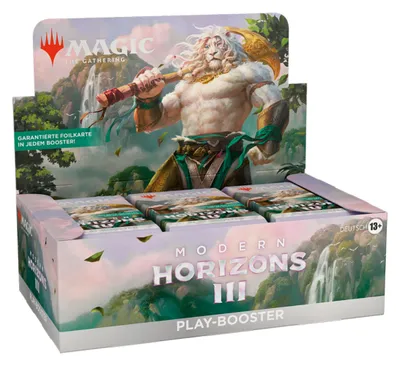 A display box of Magic: The Gathering Modern Horizons 3 Play-Boosters.