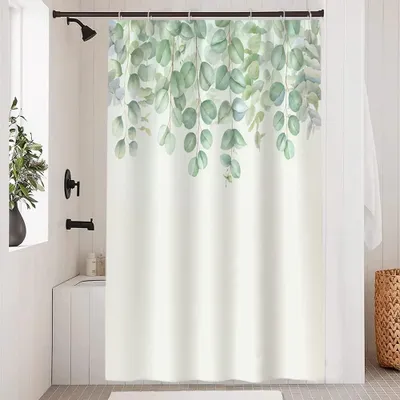Productafbeelding van Douchegordijn in eucalyptusgroen met aquarelmotieven, waterdicht, 120 x 180 cm, voor de badkamer