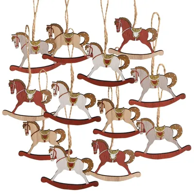 Produktbild von 8 Weihnachtsbaumanhänger Schaukelpferde aus Holz rot beige 5,5 cm