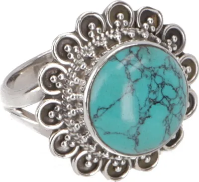 Produktbild von Boho Silberring, Großer Floraler Silberring - Türkis, Türkis, SterlingSilber, Ringgröße: 60