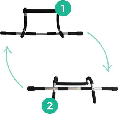 Two views of a pull-up bar, indicating different configurations or uses, with arrows showing a transition between them.