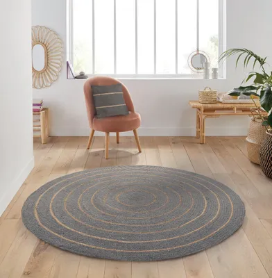 Runder Baumwoll-Teppich, gestreift, Jute-Optik, grau, 80 cm