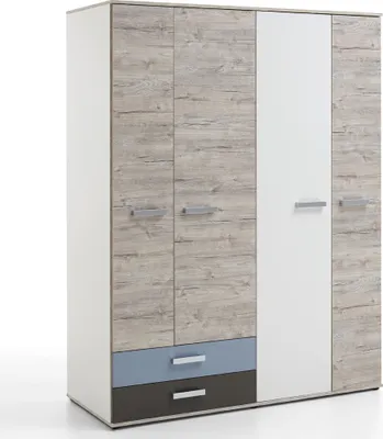 A modern wardrobe with a combination of wood-effect and white doors and drawers.