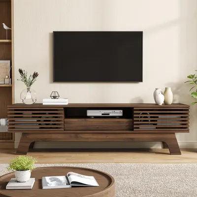 Produktbild von Merax TV-Lowboard TV-Schrank mit Lamellentüren, MDF Fernsehtisch mit Schublade und Kabeldurchlass, TV-Board Wohnzimmer, Seitenfüßen, Nussbaum