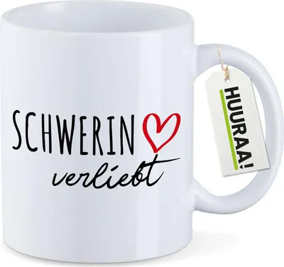 Produktbild von Huuraa Kaffeetasse Schwerin verliebt 330ml Weiß Keramik Kaffeebecher Geschenkidee