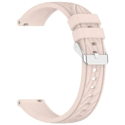 A close-up studio shot of a pink silicone watch band.