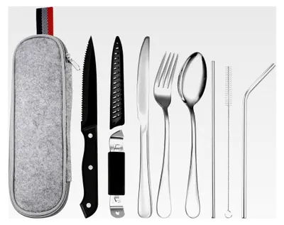 Produktbild von Campingbesteck Set für unterwegs, 9-teilig, Edelstahl mit Tragetasche (Silber)