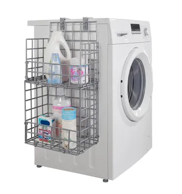 A wire storage rack with laundry products is attached to the side of a white washing machine.