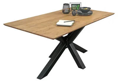 Produktbild von Esstisch 160 x 85 cm Akazie massiv naturfarben Schweizer Kante Spider-Gestell ABBY