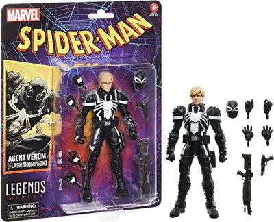 A Hasbro Marvel Spider-Man Legends Series Agent Venom (Flash Thompson) action figure in its original packaging, with accessories displayed separately.