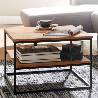 Produktbild von WOHNLING Couchtisch 60x60x41 cm Massivholz Metall Sofatisch Wohnzimmertisch Akazie Stubentisch Industrial mit Stauraum Holztisch Quadratisch