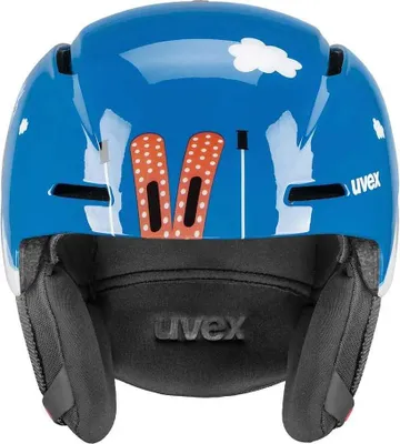 A blue ski helmet with a bear design and clouds.