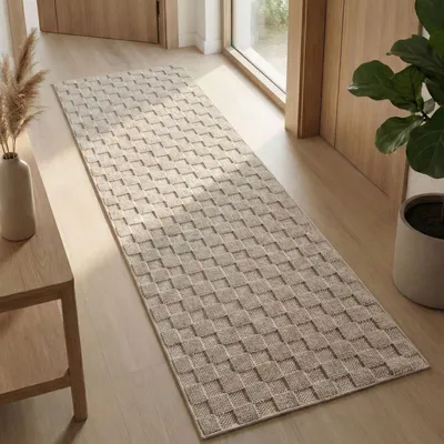 Produktbild von Carpetsale24 Teppich Wohnzimmer Bouclé Schlingenflor Skandi Stil Karo Design Robust Superweich für Schlafzimmer, Grösse: 80x250 cm