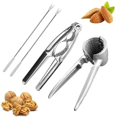 Produktbild von Ibenzoa® Nussknacker-Set aus Edelstahl mit Einfülltrichter & 2 Gabeln, Antirutsch-Griff – Silber, für Walnüsse, Haselnüsse & Meeresfrüchte