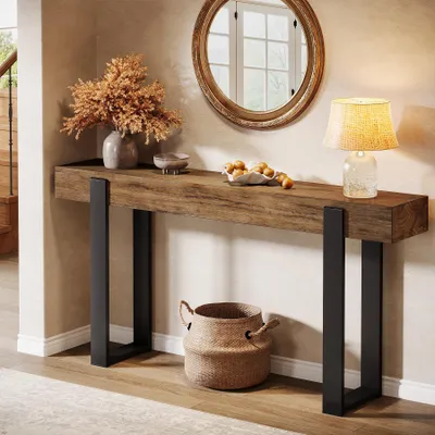 Image de Tribesigns, console en bois massif, 160 cm, avec structure métallique, idéale pour le salon, l'entrée ou le couloir, style rustique, couleur marron et noir