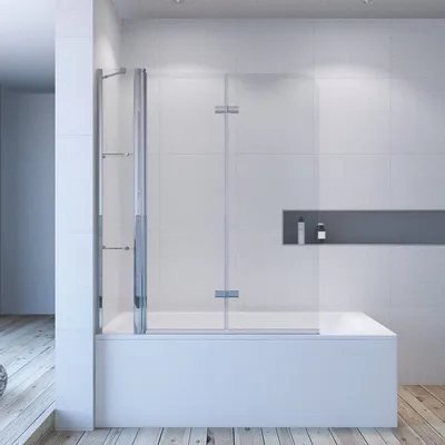 Produktbild von Duschabtrennung für Badewanne 150 x 140 cm Duschtrennwand Glaswand faltbar mit Festteil Duschablage aus Sicherheitsglas 5mm mit Lotuseffekt Beschichtung
