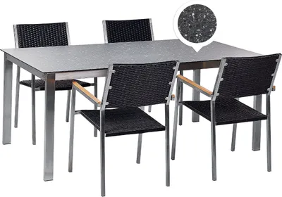Produktbild von BELIANI Gartenmöbel Set 7-Teilig Schwarz Edelstahl 4 Stühle Rattan Tisch 180x90cm Sicherheitsglas Keramik Gartenausstattung Terrasse Outdoor Indoor