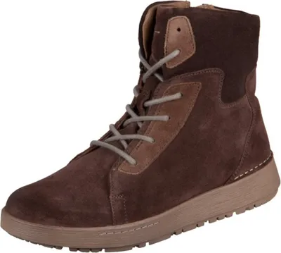 A single brown suede boot is shown against a white background.