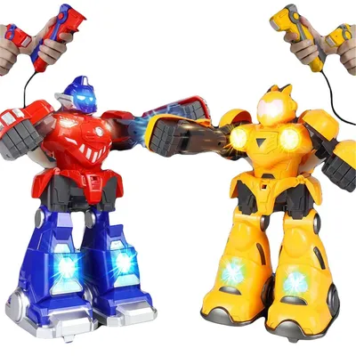 Image de Lot de 2 robots télécommandés et de combat à lancer pour enfants, avec télécommande 2,4 GHz, effets sonores et lumineux, rotation à 360°, jouet interactif pour parents et enfants, à partir de 3 ans, jaune