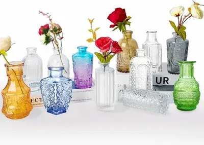 Immagine prodotto di Set di 12 mini vasi in vetro, piccola decorazione da tavola, per esterni, regalo per soggiorno, bagno, compleanno, matrimonio, festa in giardino, festa della mamma, stile vintage, vetro