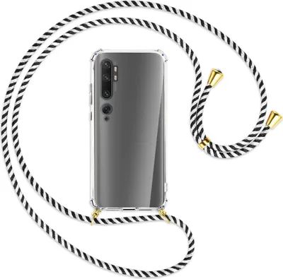 Produktbild von Handykette Backcover-Schutzhülle mit Band (Metall goldfarben) für Xiaomi Mi Note 10 (Pro) - schwarz/weiß gestreift
