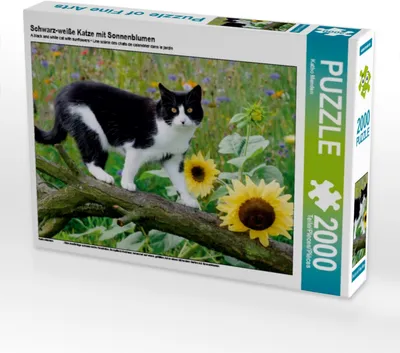 Produktbild von Calvendo Schwarz-weiße Katze mit Sonnenblumen 2000 Teile Puzzle quer 900x670mm, Menden Katho; 7396472