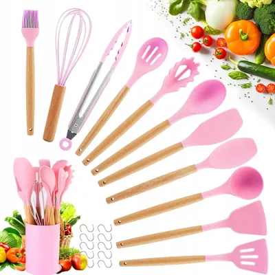 Image de Ustensiles cuisine 12 pièces silicone bambou rose anti rayures résistant chaleur support cuisine