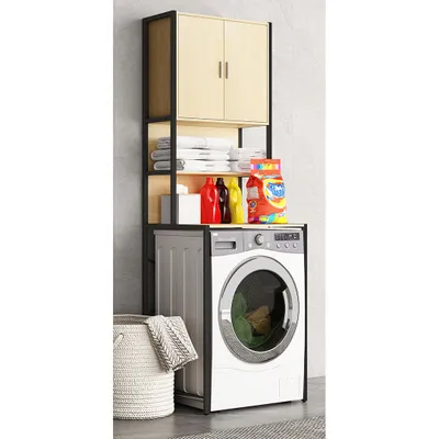 Produktbild von VCM Metall Überbauschrank | Waschmaschine | Maße: . 189 x B. 64 x T. 48 cm | Seitenteile aus Metall |  Korpus und Rückwand aus Holz | 1 große und 2 kleine Ablagen | 2 Drehtüren - Edino