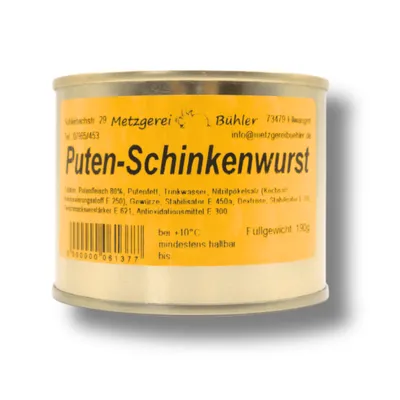 Produktbild von Puten Schinkenwurst 190g Dosenwurst Wurstkonserve Metzgerei Bühler Truthanfleisch Fleischkonserve Wurst