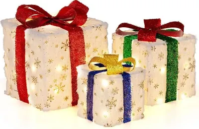 Immagine prodotto di COSTWAY set di 3 scatole regalo a LED, scatola natalizia con fiocco, decorazione natalizia impermeabile con 48 LED bianchi caldi e timer, decorazione natalizia illuminata, decorazione natalizia per interni ed esterni