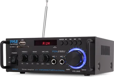 Obrázok produktu pre Zosilňovač Pyle HiFi, 200W, Bluetooth, 2 kanály, s USB, SD, FM, mikrofónom, RCA výstupmi, reguláciou basov a výšok, diaľkovým ovládaním. Ideálne pre karaoke