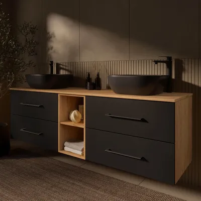 Produktbild von Planetmöbel LUX Badmöbel-Set Waschtisch mit Unterschrank 170 cm Gold Eiche/Anthrazit hängend & 2 Aufsatz-Waschbecken 42 cm Schwarz