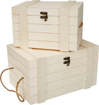 Produktbild von Set aus Holzboxen mit Jutegriffen - 2 Stück - 30 x 20,5 x 17,3 cm - 24 x 16 x 15,5 cm - natürliche Schatzkisten Piratenkiste