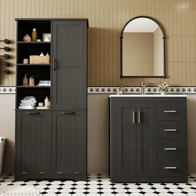 Image de Ensemble de meubles de salle de bain Merax comprenant un meuble vasque et une armoire haute, ensemble de meubles de salle de bain avec vasque en céramique, panier à linge et tiroirs, armoire de salle de bain, noir