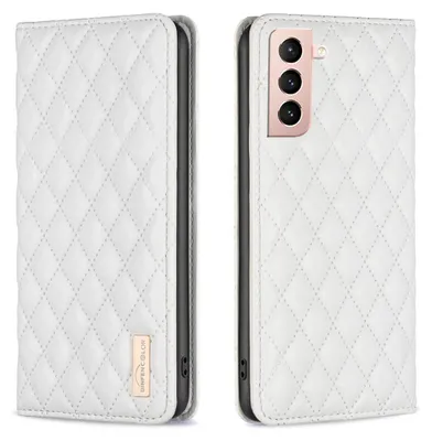 A white quilted flip-style phone case for a Samsung Galaxy S21 FE 5G is shown from two angles.